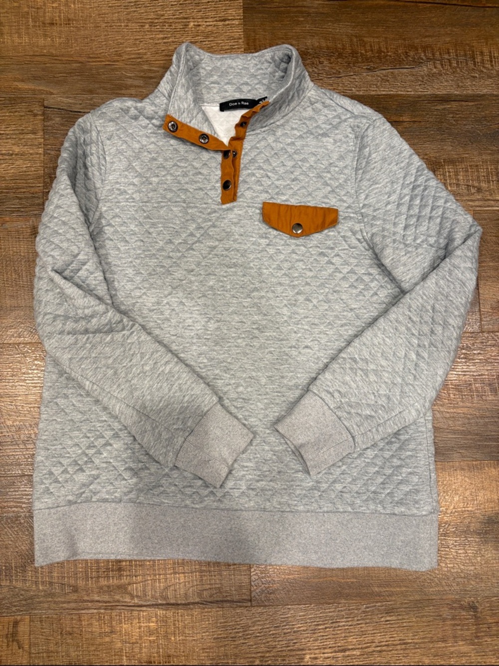 Doe & Rae Light Gray Quilted Pullover with Tan Snap Placket